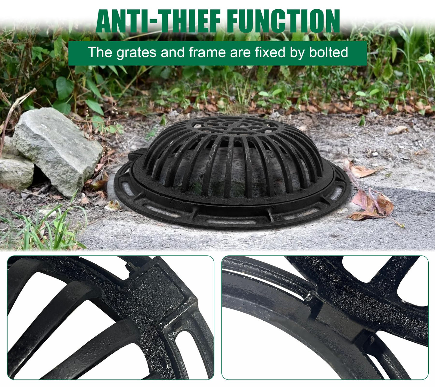Natotela 20in Ductile Iron Atrium Drain Grate with Hinge and Frame, Dome Metal Overflow Relief Gully Grate with Bolted Down Base, Cast Iron Sewage Drain Grates for Garden,Yard,Lawn(Overall Size 23")