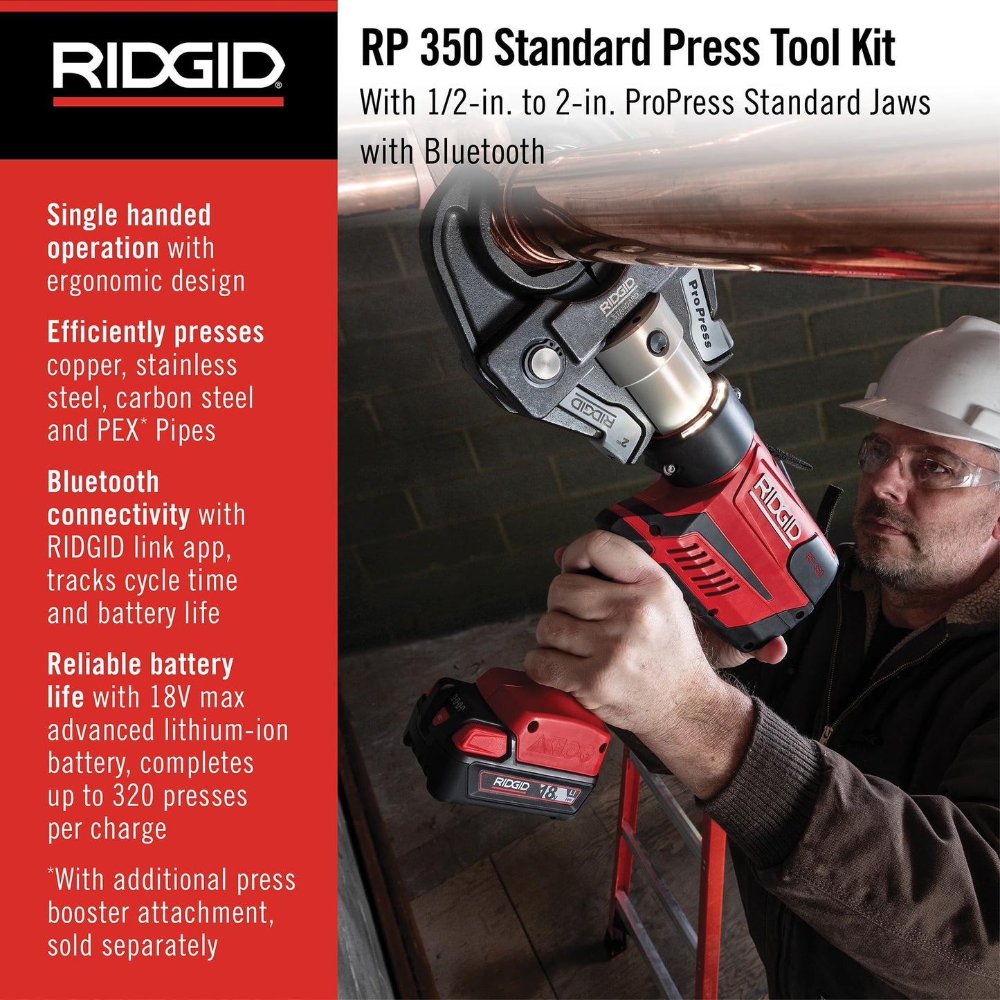 RIDGID 67053 RP 350 ProPress 8-Piece Pressing Tool Kit with 18-Volt Battery, Charger, 4 ProPress Press Tool Jaws (1/2" to 2"), and Case