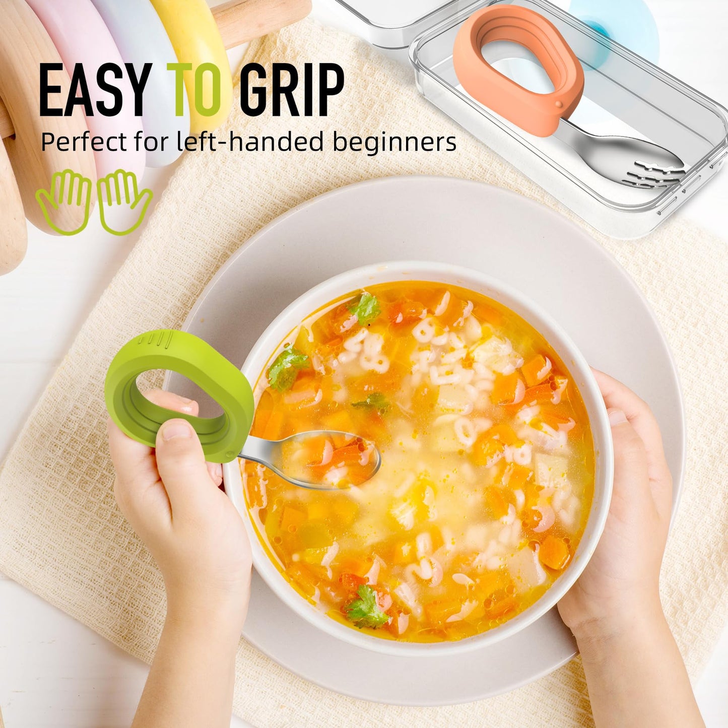 Yimido Toddler Utensils - Baby Forks and Spoons Set - Kids Stainless Steel Silverware - Children Safe - Self Feeding - Dishwasher Safe (Orange + Green)