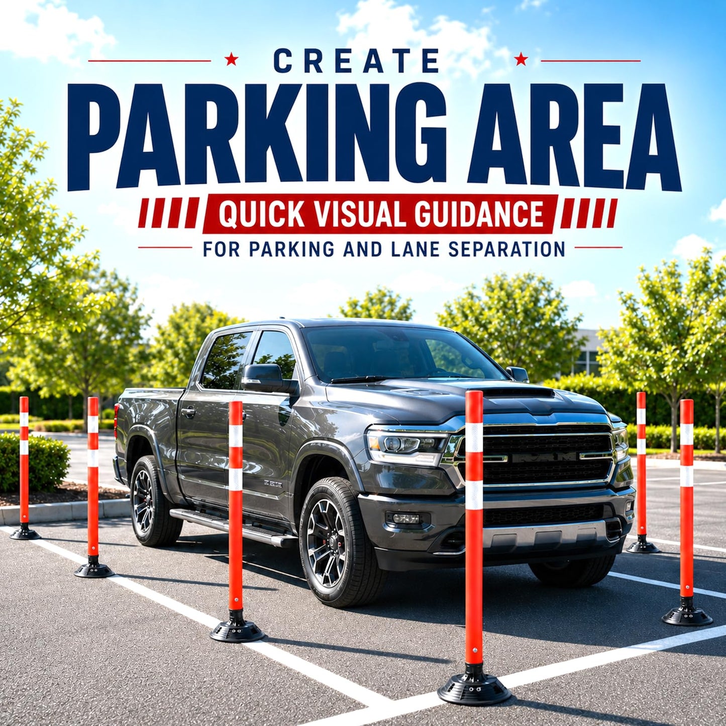 BESEA 8PCS 48" Traffic Delineator Posts with Detachable Base & High-Visibility Reflective Collars,Orange Durable Flexible Safety Cones for Work Zones, Parking Lots, and Roadways