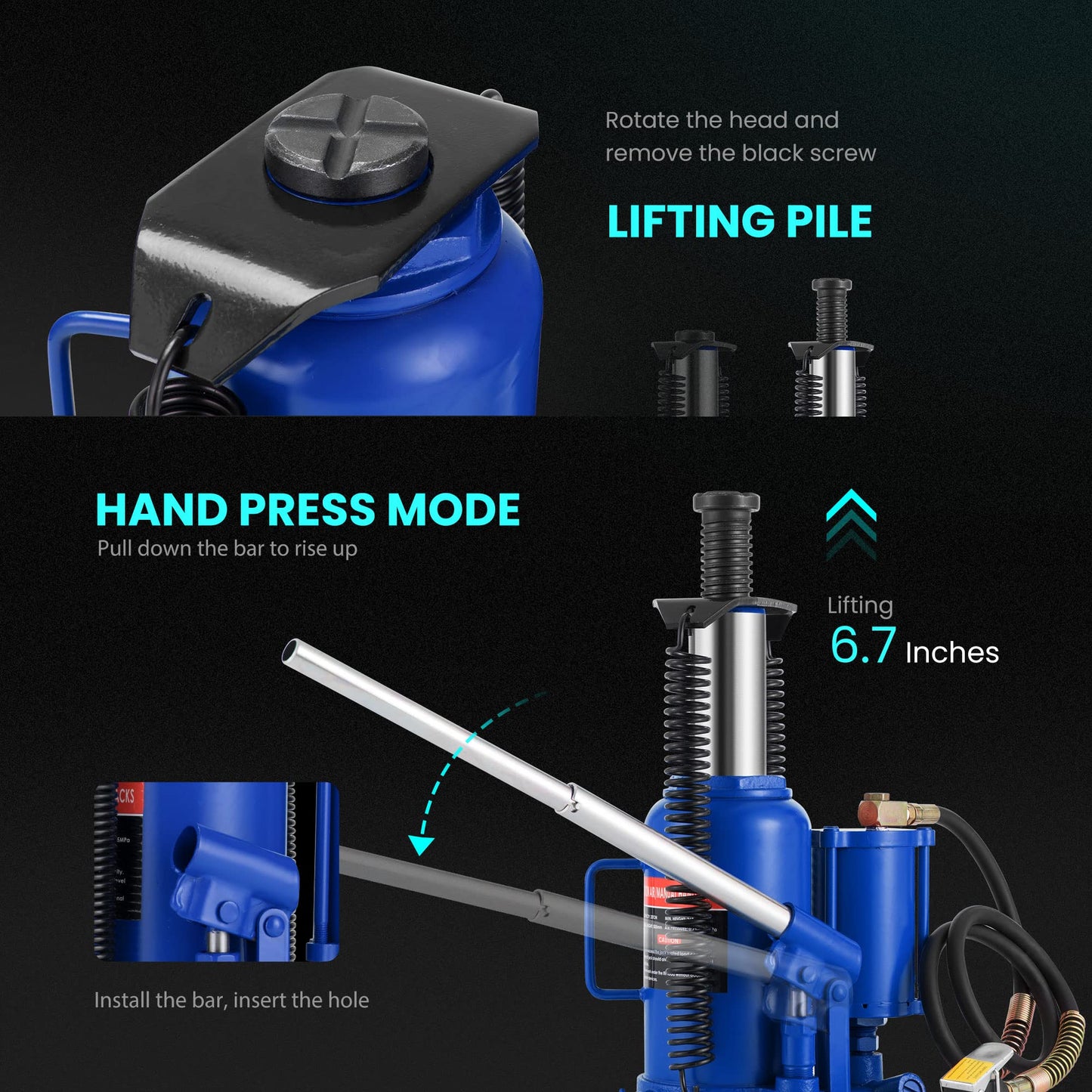 SPECSTAR Pneumatic Air Hydraulic Bottle Jack with Manual Hand Pump 20 Ton Heavy Duty Auto Truck Travel Trailer Repair Lift Blue
