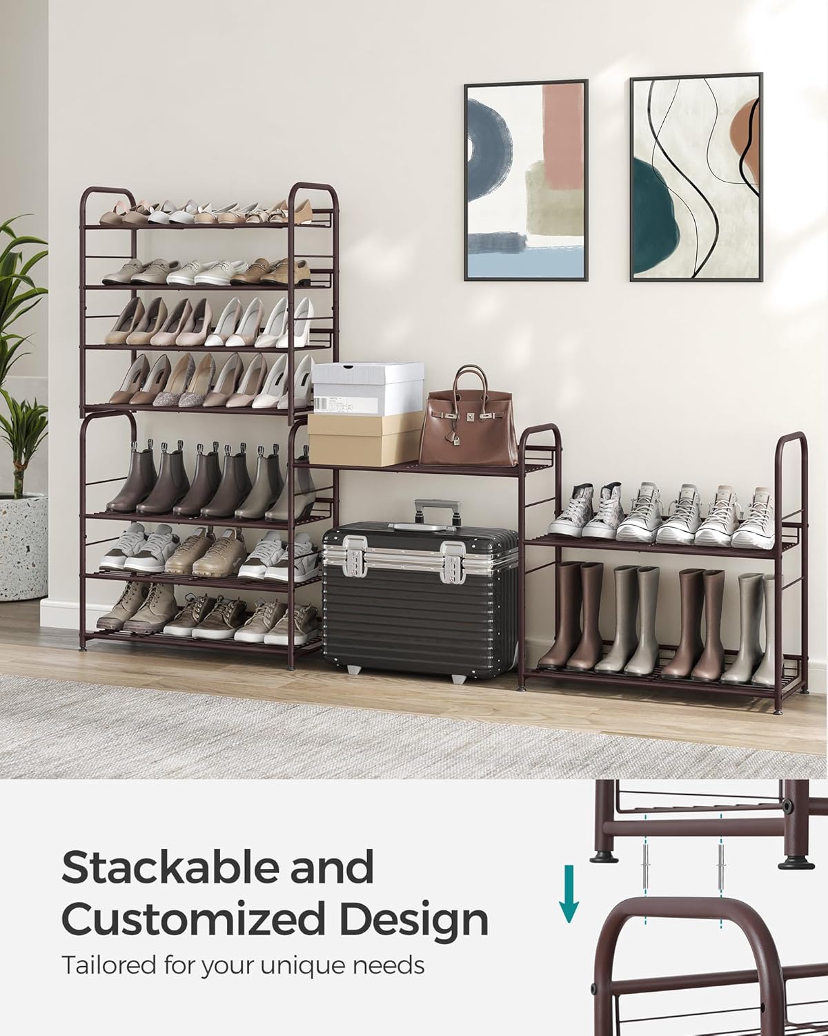 SONGMICS 4-Tier Stackable Shoe Rack - Adjustable Metal Storage Shelf for 16 Pairs | Bronze Finish