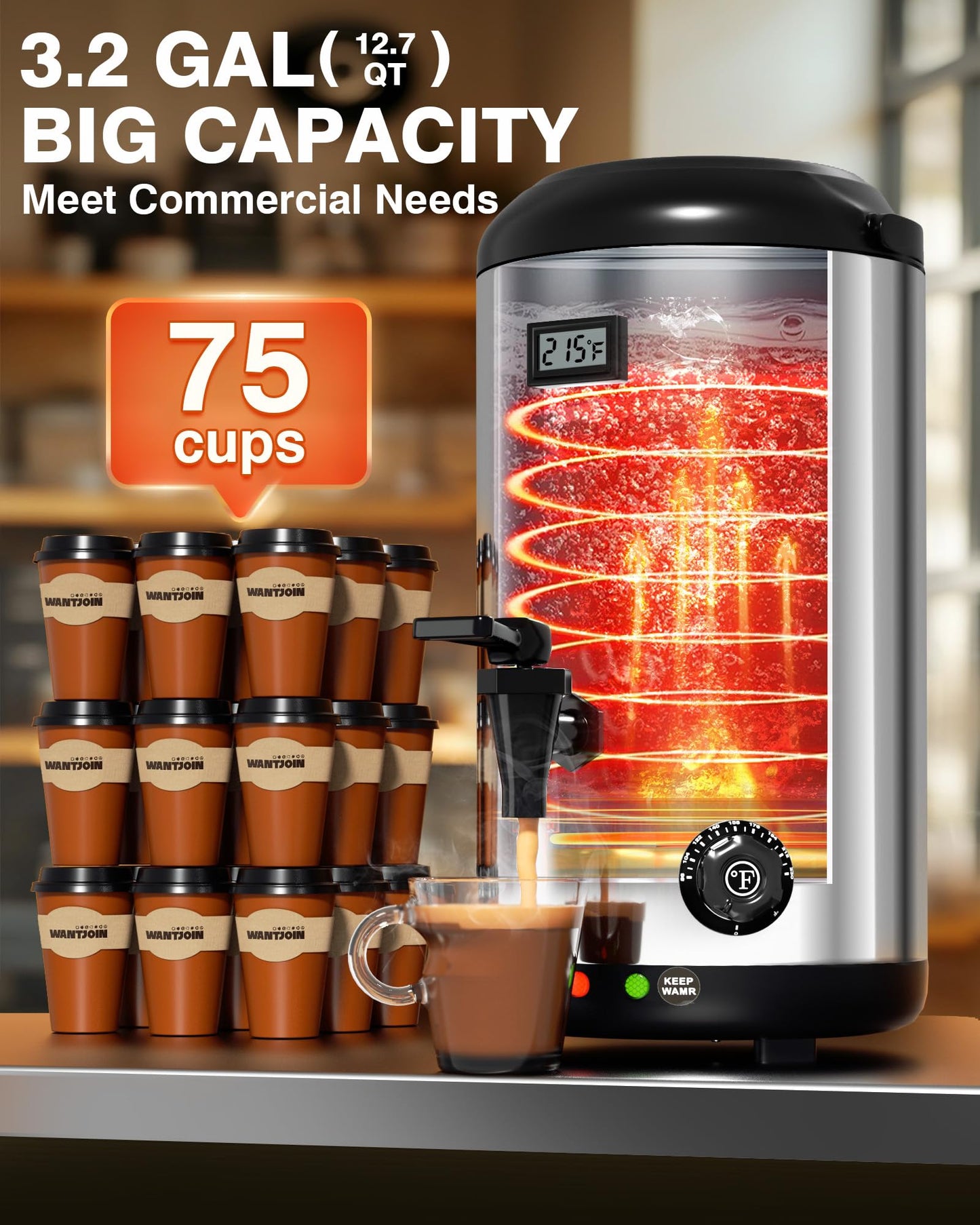 WantJoin Electric Heating Beverage Dispenser-75 Cup Hot&Cold water Urn for Catering-Stainless Steel Premium 12 L/3.2 Gallon Hot Drink Dispenser with Spigot for Coffee & Hot tea,Cold Milk,Juice(Silver)
