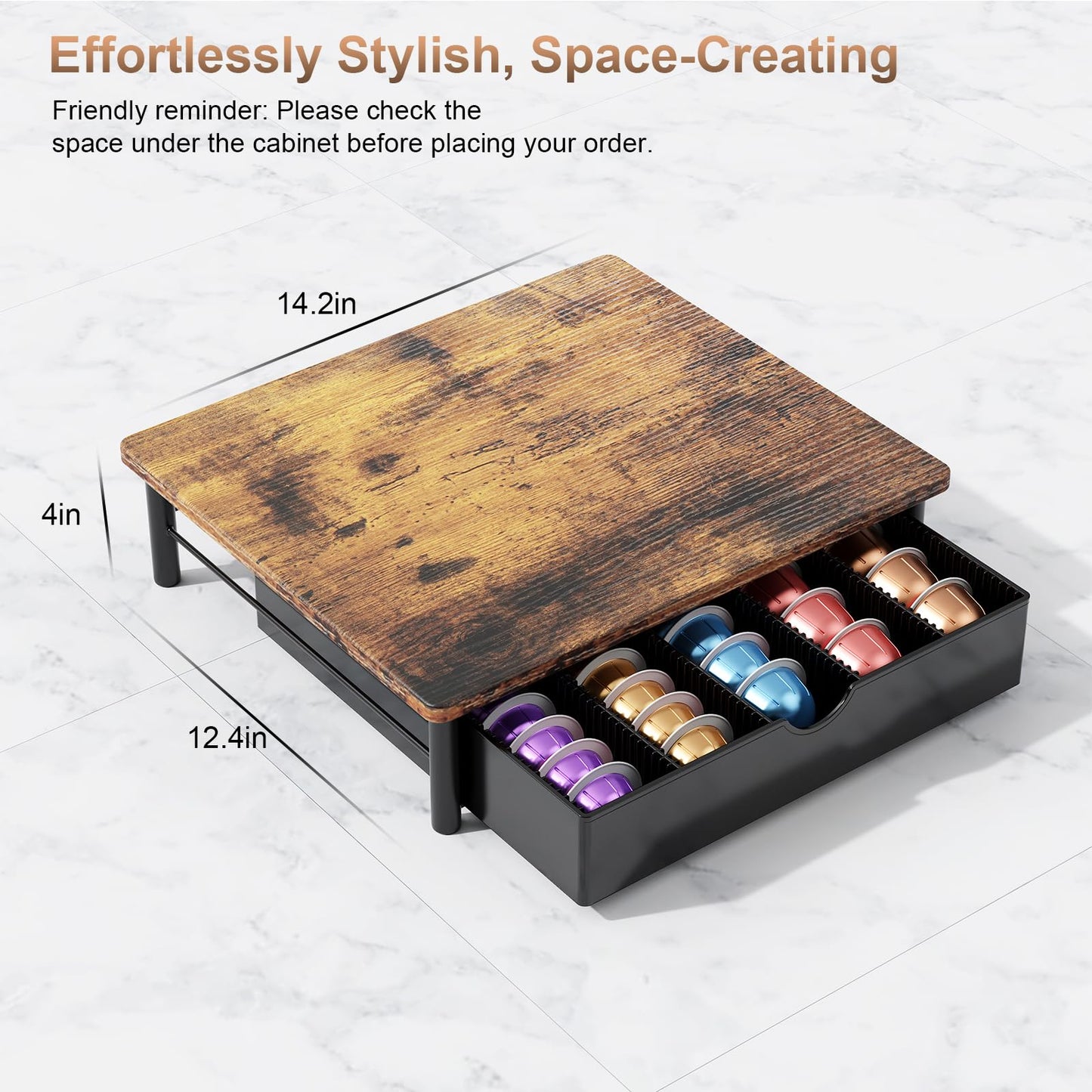 OUTIOE Coffee Pods Drawer Organizer Compatible with Nespresso Vertuo Pods Holds Up to 60 Small or 40 Large (Wood)