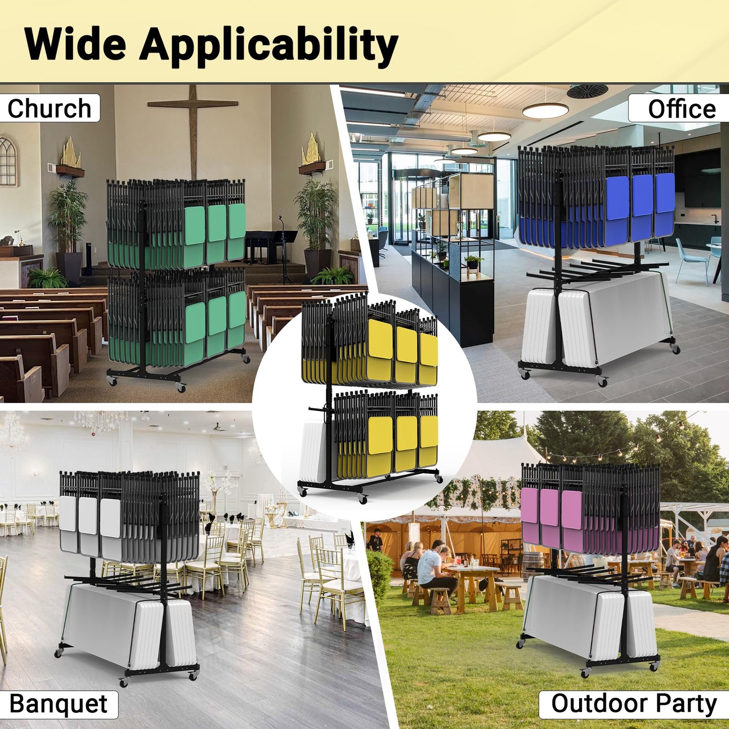 Eastrexon Updated Folding Chair Rack, Heavy-Duty Folding Chair Cart w/ 4 Swivel Wheels, Holds 12 Tables or 84 Chairs, Up to 1000 LBS Capacity, 2 Binding Ropes, 1 Dust Cover, 72“L x 33”W x 74”H, Black