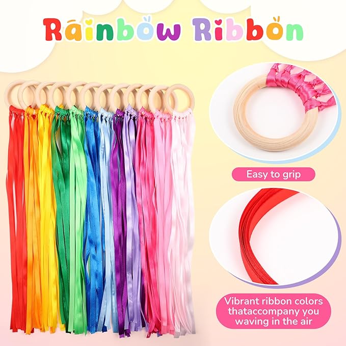 Junkin Ribbon Rings Hand Kite Waldorf Toys Dancing Wrist Ribbons Rainbow Streamers with Wood Ring Sensory Learning Educational Toy for Playroom Dancing Birthday Party Gift(Solid Color,24 Pcs)