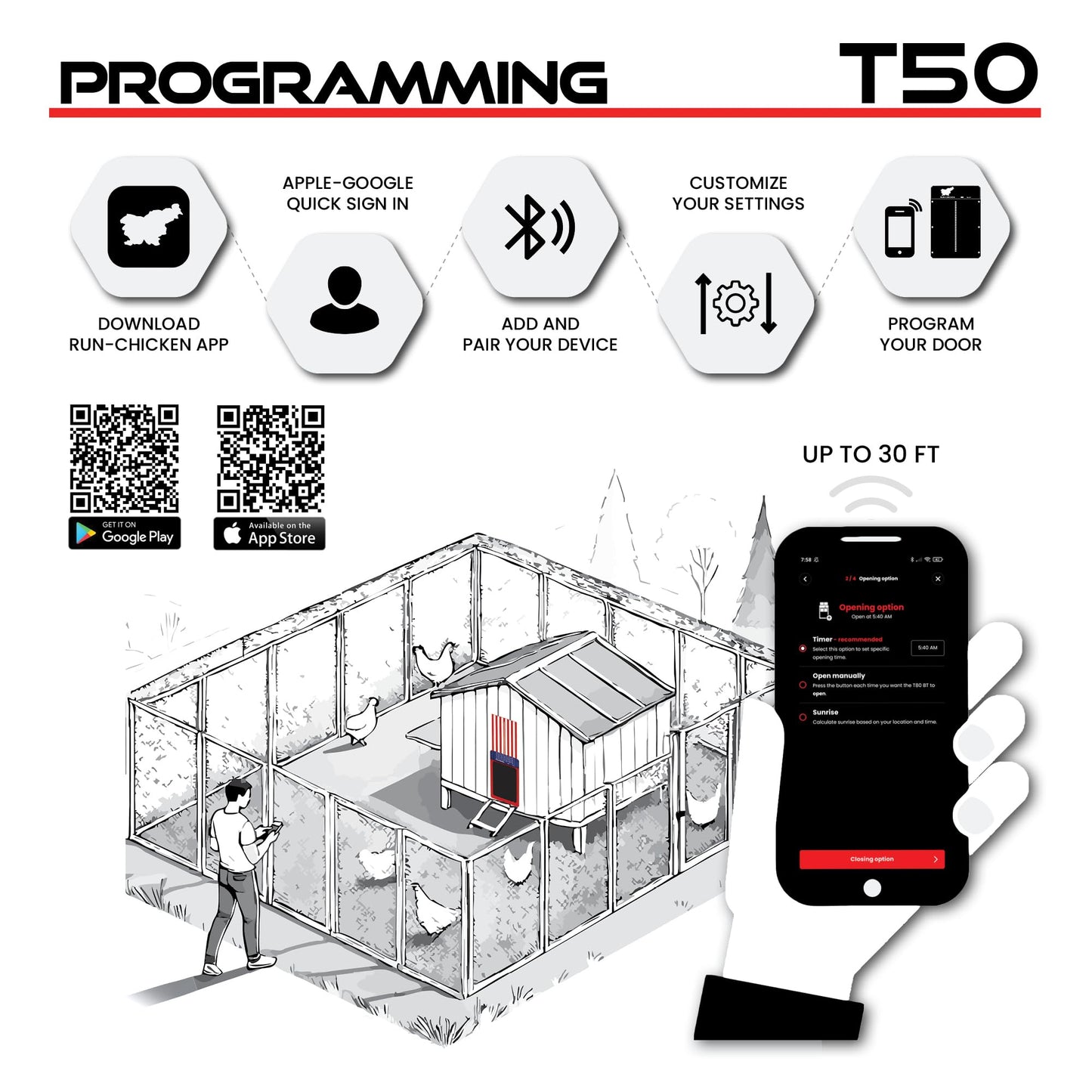 RUN-CHICKEN Door T50 – Automatic Chicken Coop Door Opener, Battery Powered & Weatherproof Aluminum, Smart App & Timer Control, Predator Proof, Easy Install, Reliable All-Season Performance (USA)