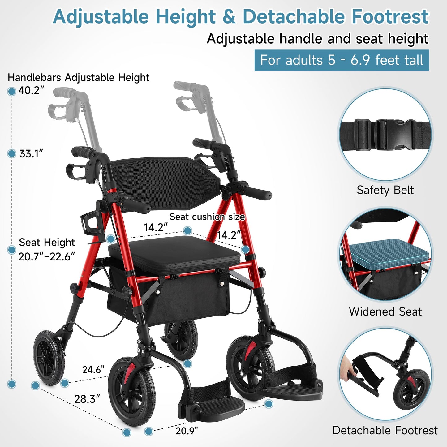 StrollAid Walkers for Seniors, 2 in 1 Rollator Wheelchairs Combo 10" Big Wheels Walker with Seat, Rollator Transport Chair with Brakes Folding Rolling Walker for Adults, Red