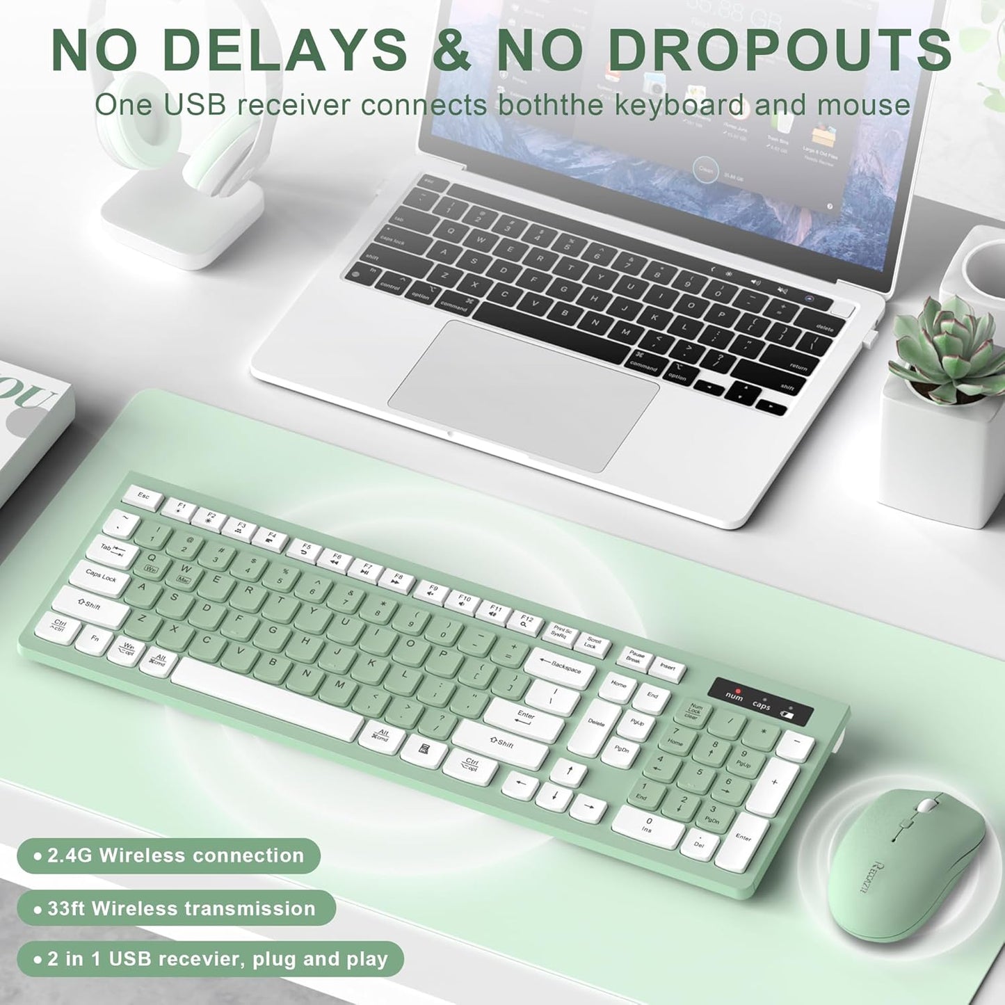 RECCAZR 2.4GHz Wireless Keyboard and Mouse Combo, Full-Sized Wireless Keyboard and Adjustable DPI Mouse, USB Receiver