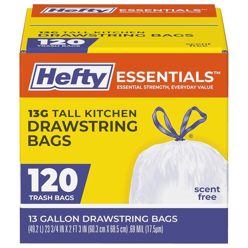 Hefty Essentials 13 Gallon Kitchen Trash Bags - 120 Count, Tall & Unscented, Easy to Tie & Carry, White