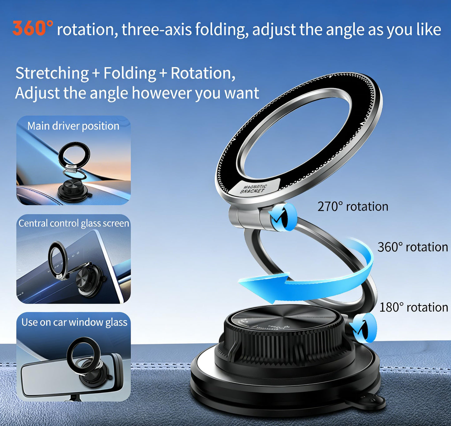 Metal Magnetic Car Mount with Vacuum Suction Base, 360° Rotatable Phone Holder Compatible with MagSafe, Foldable, Black, Magnetic Ring Included for Your Car/Gym/Mirror Mount for iPhone & Android
