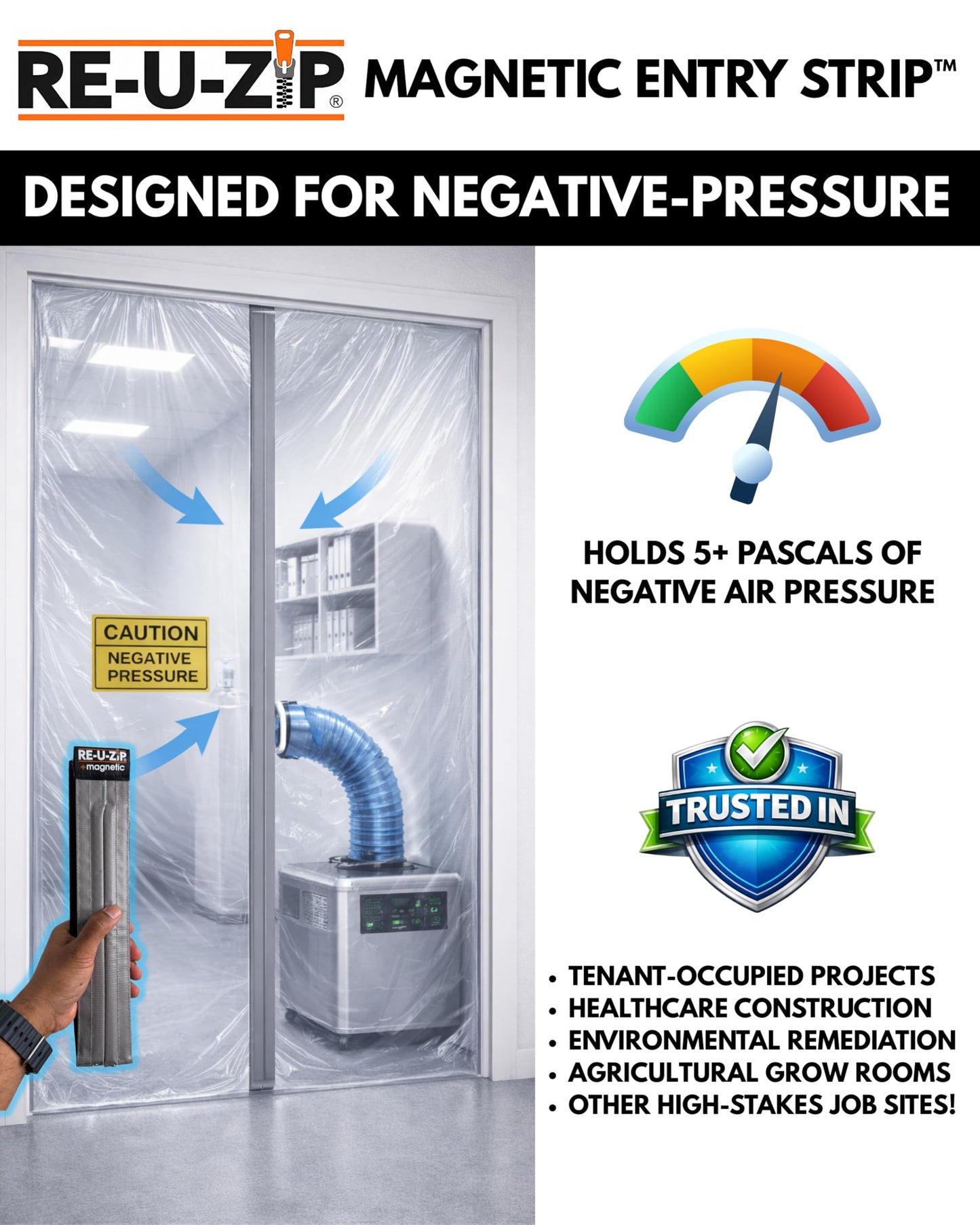 RE-U-ZIP Self-Closing Magnetic Dust Barrier Entry Strip, Hands-Free Zipper Alternative for Plastic Sheeting, Reusable, Custom Placement & Works Under Negative Air, 3-Pack
