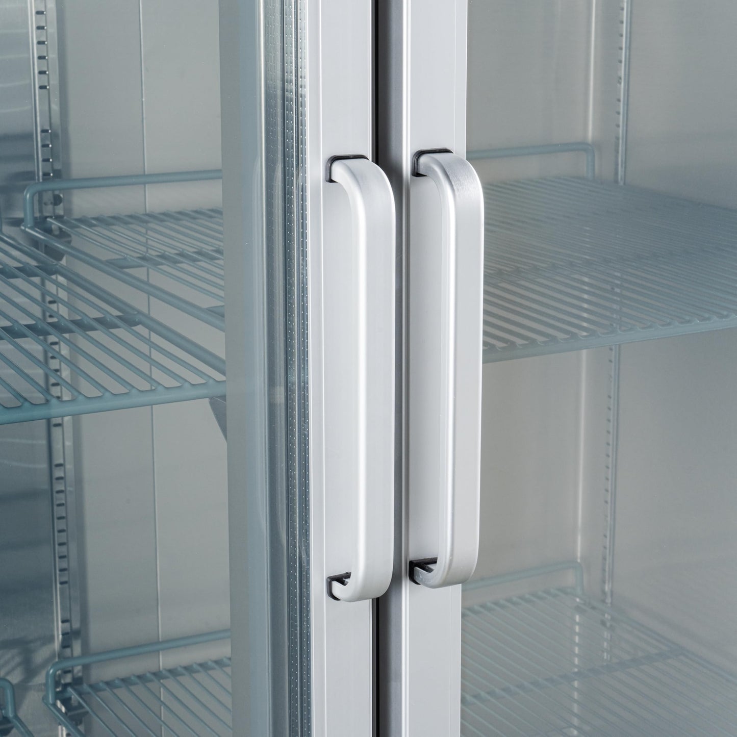 KoolMore Commercial Stainless-Steel Upright Freezer with Reach-In Self-Close Glass Doors, 6 Storage Shelves, Heavy-Duty Caster Wheels, Frost-Free Temperature Control - 47 Cu.Ft [Silver] (RIF-2D-GD)