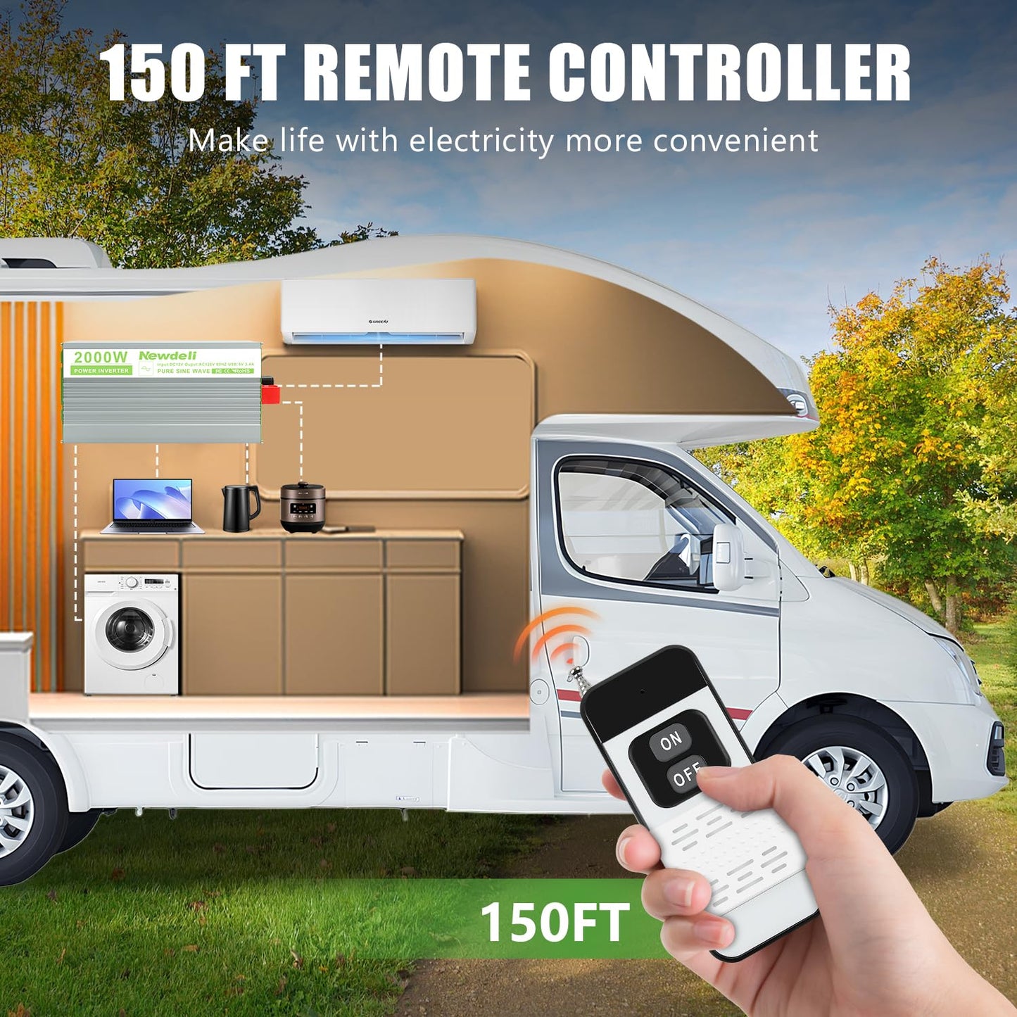 Newdeli 2000 Watt Power Inverter 12V DC to 110V 120V AC Pure Sine Wave Inverter with LCD Display, Remote Controller, 4 AC Outlets and 5V 3.4A USB Port for Vehicles Car Truck RV Solar System Camping