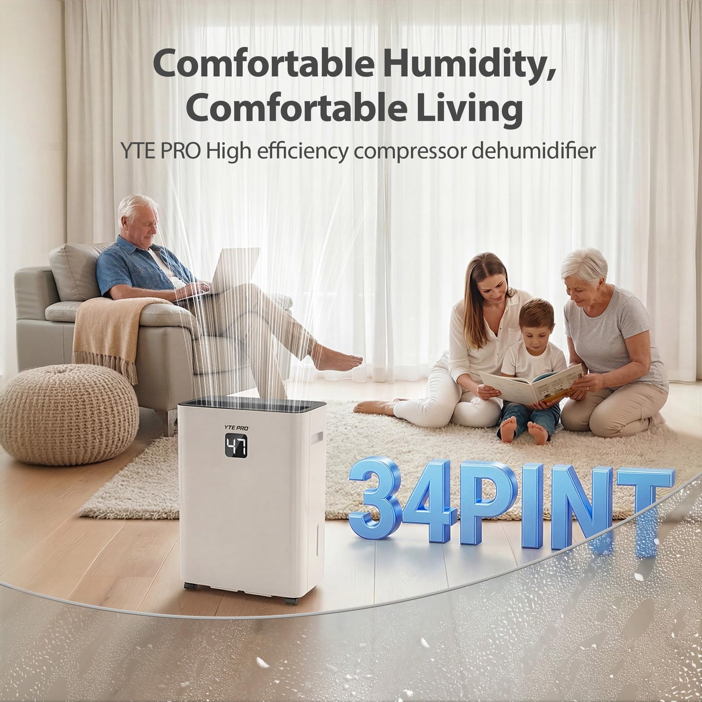 34Pint Dehumidifier for 2500Sq.Ft, Compressor Dehumidifiers for Home, Front LED Digital Humidity Display&Quiet Dehumidifier for Basement, Bedroom, Bathroom, with 6.56FT Drain Hose DH1800S