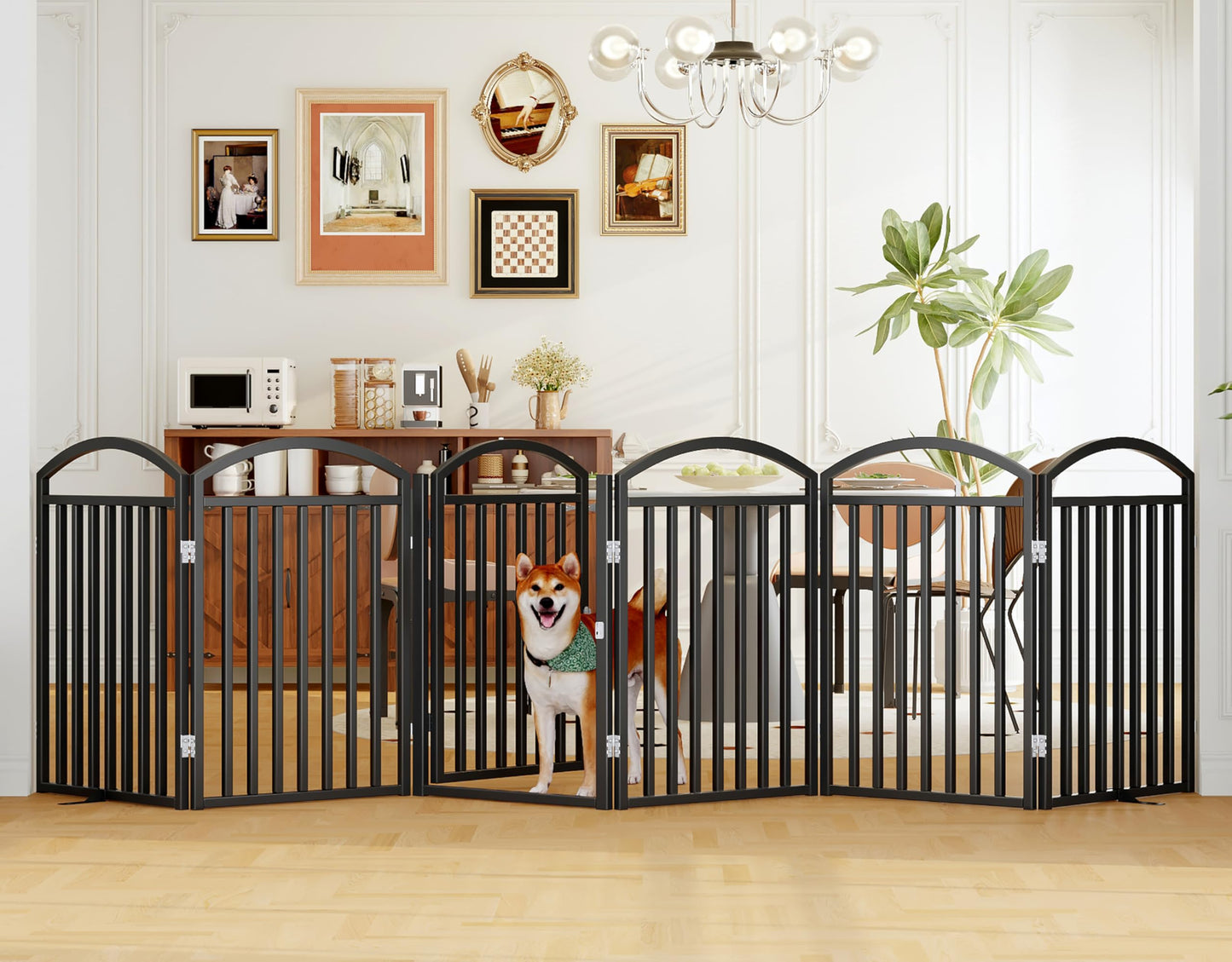 THKKY Folding No-Assembly Freestanding Dog Gate with Door,32" Heights Foldable Pet Fence,144" Extra Wide Accordion Puppy Folding Playpen for Doorways,House,Stairs (6 Panels,Black)