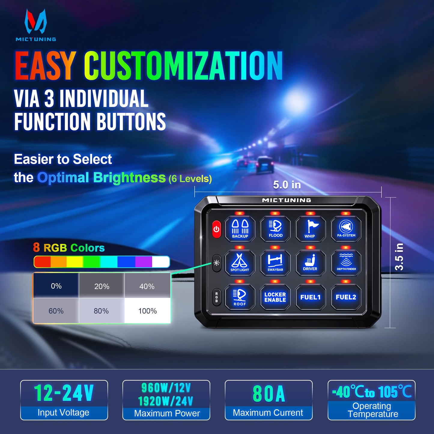 MICTUNING P1s RGB 5 Inch 12 Gang Switch Panel, High Power 6 Level Brightness Multifunction Toggle Switch Momentary Circuit Control Relay System Box for Truck RV Offroad Marine, w/Silicone Cover