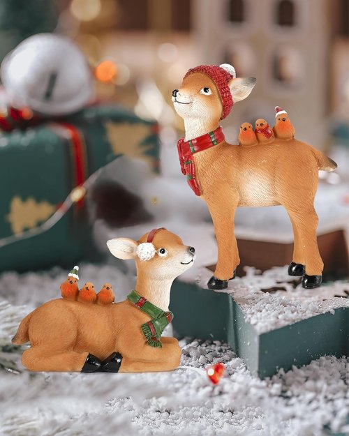 iStatue Reindeer Christmas Decoration - 5.5'' Resin Buck and Doe Set | Indoor Holiday Home Decor
