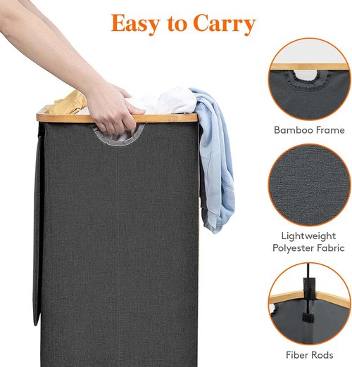 Lifewit 100L Laundry Basket - Foldable Hamper with Lid & Bamboo Handles | Dark Gray, 2 Removable Bags