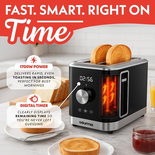 Gourmia 2 Slice Toaster - 6 Browning Levels, Bagel & Defrost Modes, Compact Design, Black