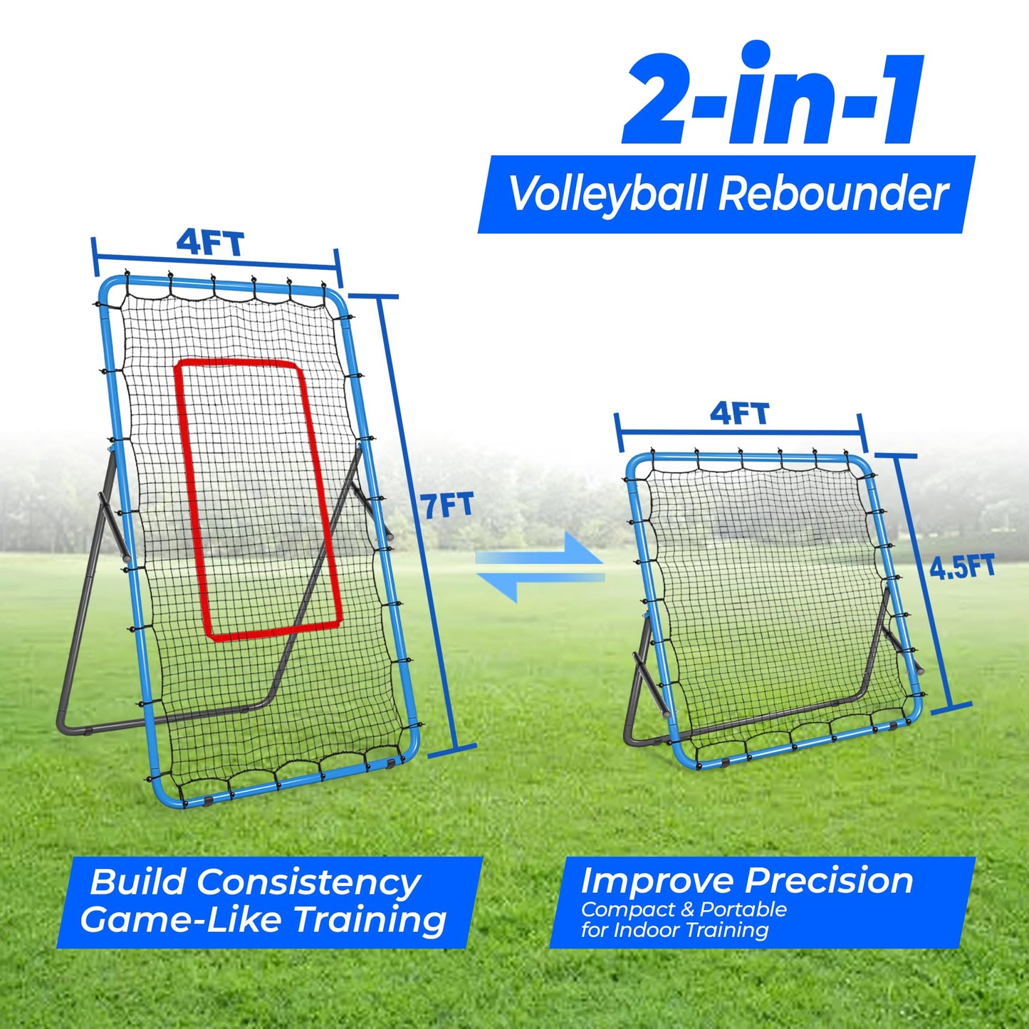 JOLORLY 2-in-1 Volleyball Rebounder Net, Adjustable 7×4 ft to 4.5×4 ft Bounce Back Training Rebound Equipment with Angle Customization for Volleying, Bumping, Spiking Practice (Blue)