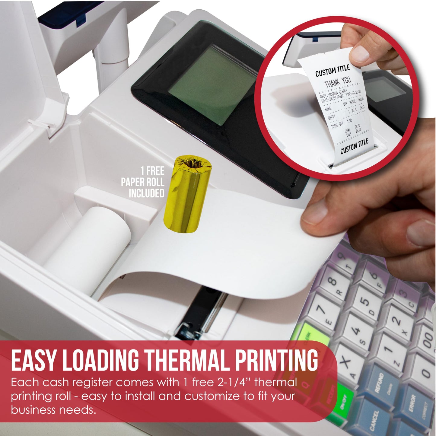 Cash Register for Small Businesses, 50 Dept 50 Clerks, 4700 Lookups Quick Load Thermal Printer, Steel Cash and Coin Drawer, White