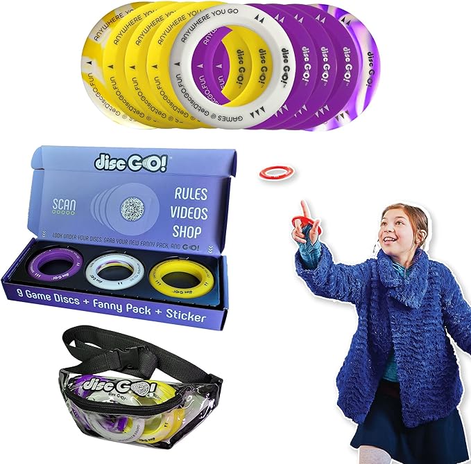 DiscGO! Game 9 Soft Silicone Discs, Play Indoor/Outdoor for Fun, Gift, Family, Camping, Parties, Tailgating, Team Building, Classroom, Portable Travel Games for Kids & Adults (Yellow, White & Purple)