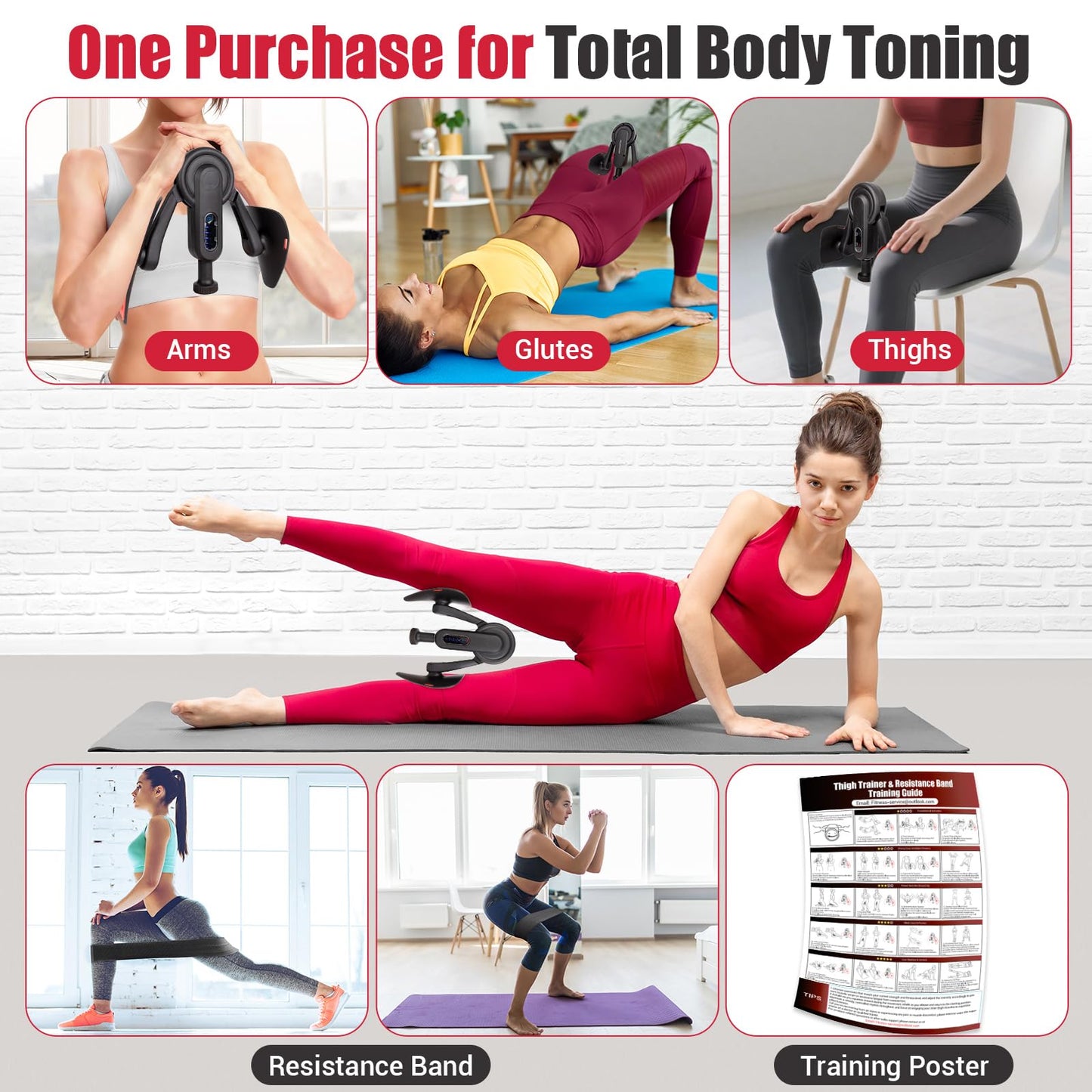 Thigh Trainer for Women, 10-100lb Adjustable Resistance Inner Thigh Exerciser with Leg Band & Poster for Kegel Exercise, Pelvic Floor Trainer for Postpartum Rehabilitation Home Gym