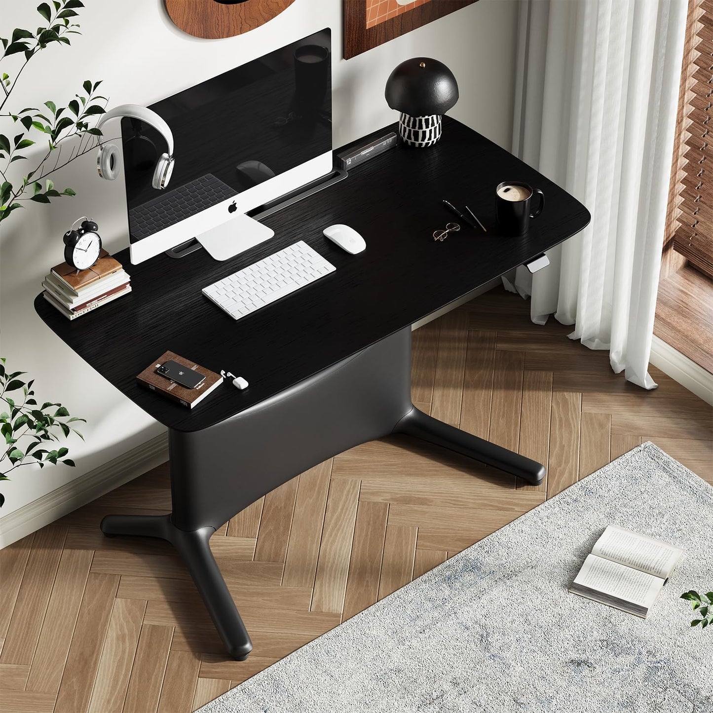 COLAMY Electric Adjustable Standing Desk – 48 x 28 Inch Sit Stand Desk with Drawer & Cable Management, Dual Motor Lift System, Ergonomic Footrest, Home Office Table (Veneer Desktop, Black Oak + Black)