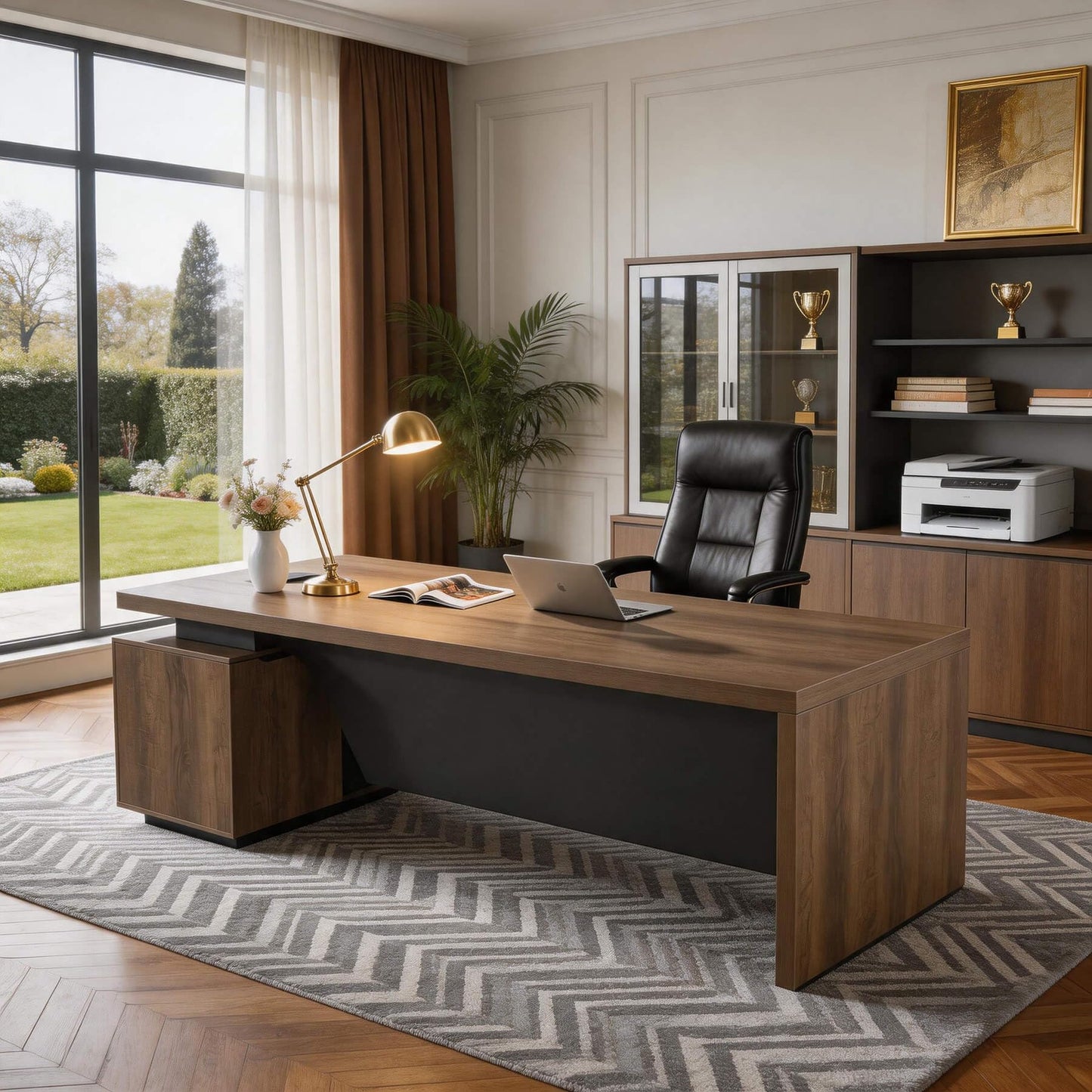 Retractable L-Shaped Executive Desk, Modern Office Desk with Locking Drawers and File Cabinet, Large Computer Desk with Storage Shelves, Workstation for Home Office (Right Return, 70.86 - 78.7 IN)