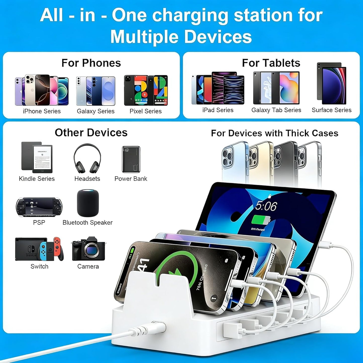 COZOME 6 Charging Station for Multiple Devices, Port USB Desktop Charger Dock Compatible with iPad, Samsung, Android