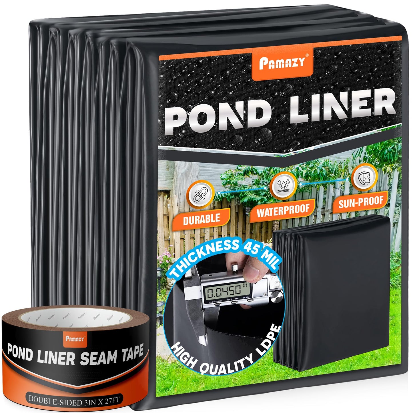 PAMAZY [Premium] 45 Mil LDPE Pond Liner with Seam Tape, Pond Lining for Fish Pond, Performed Garden Ponds, Large Pond Liner for Fishpond, Koi Pond, Waterfall, Streams (19.7 x 26.2FT)