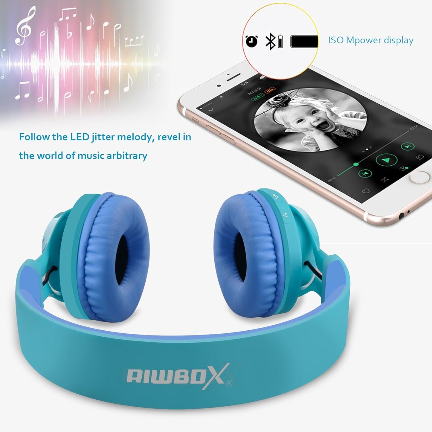 WT-7S Headset Riwbox Kids Bluetooth Headphones, LED Light Up Wireless Foldable Stereo with Microphone and Volume