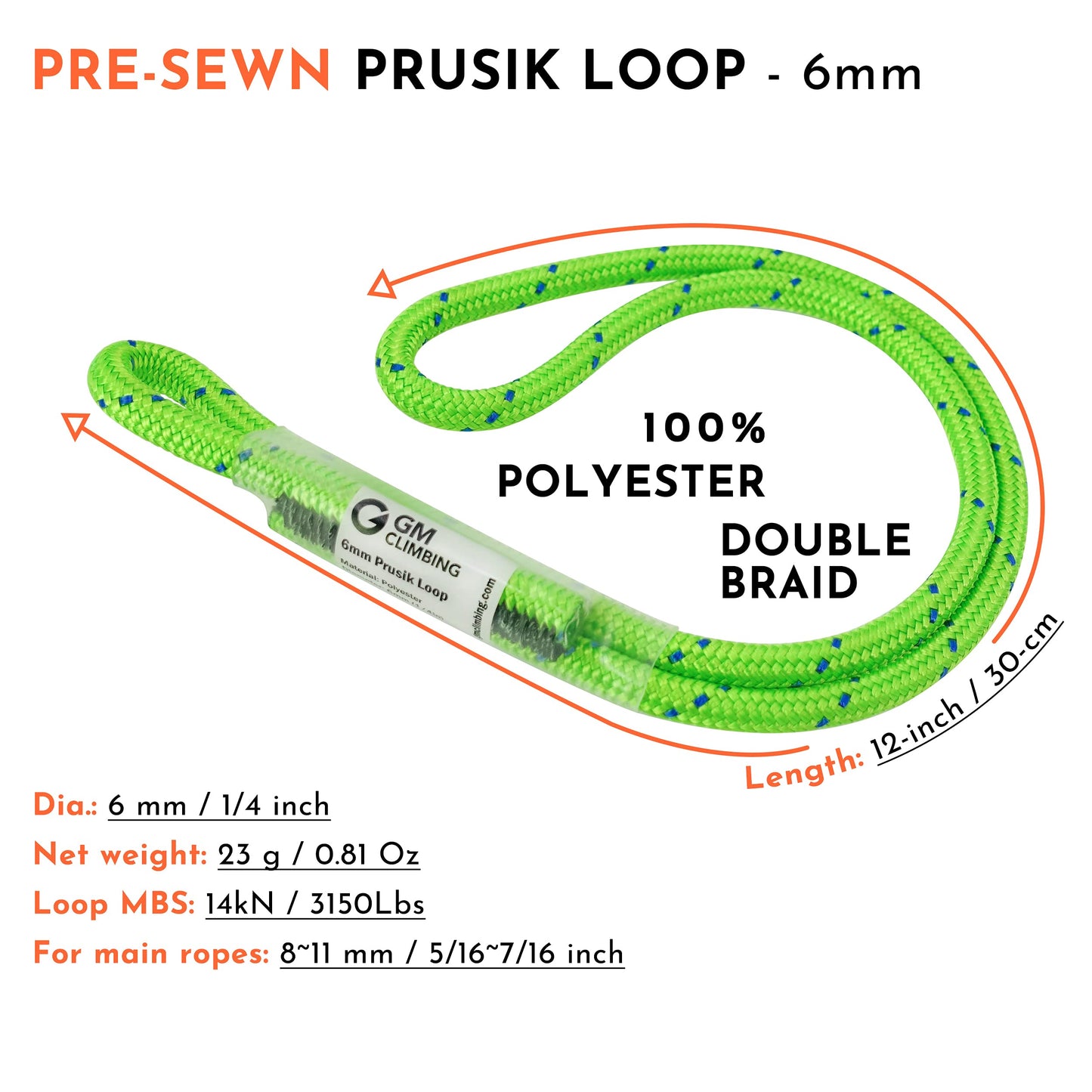 GM CLIMBING 12in 6mm Prusik Loop Pre-Sewn for Climbing Arborist Rescue Mountaineering General Outdoor Use (Green, Pack of 3)