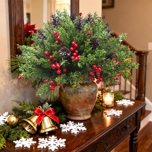 Grunyia Christmas Decorations - 68 Pcs Artificial Pine Greenery Picks with Pinecones & Berries | Holiday Table Centerpiece Decor