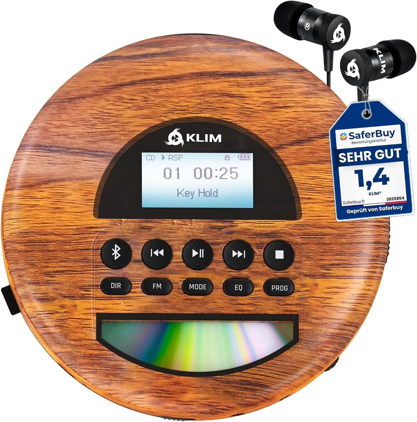 KLIM MP3 Nomad Wood - New - Portable CD Player Walkman - Long-Lasting Battery - Includes Headphones - Radio FM