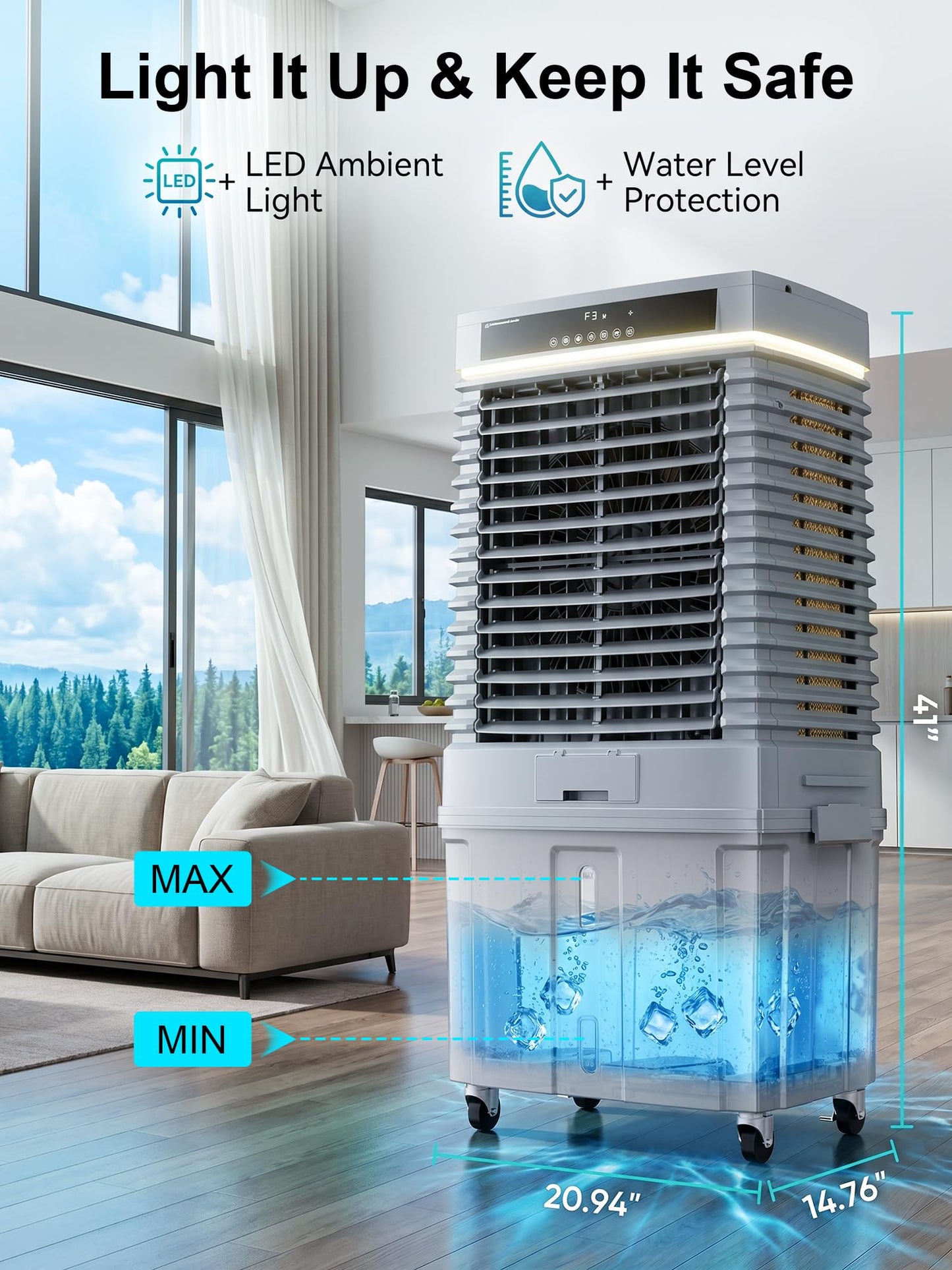 Uthfy 4000CFM Swamp Cooler for Large Room, 41” Evaporative Air Cooler with 13.5Gal Detachable Water Tank, 12H Timer, Ambient Light, 120° Oscillation, Indoor & Outdoor Air Conditioner for Patio, Garage