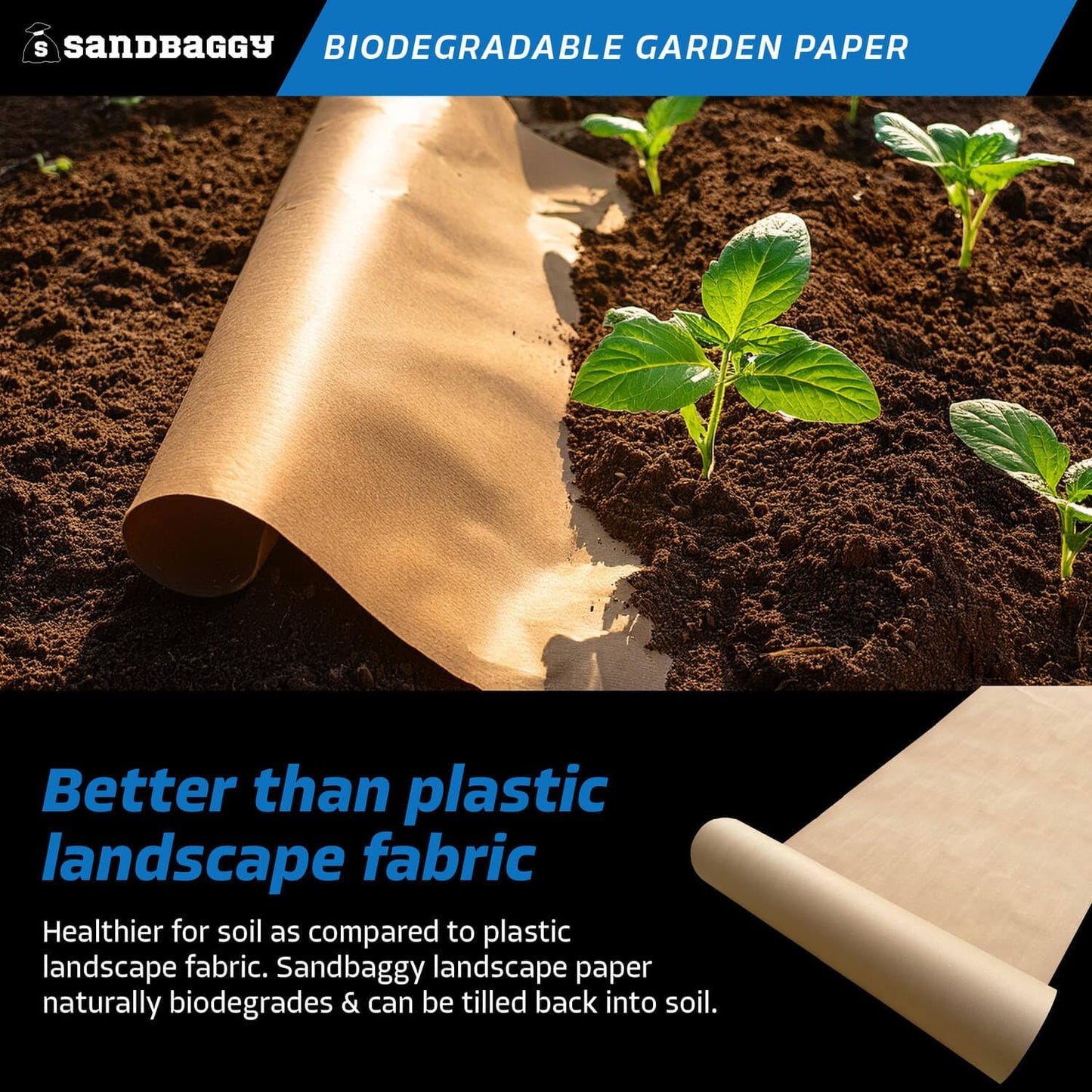 Sandbaggy Biodegradable Landscape Fabric - Garden Paper for Weeds - Paper Mulch Rolls - Made in America (3 ft x 475 ft, 1)