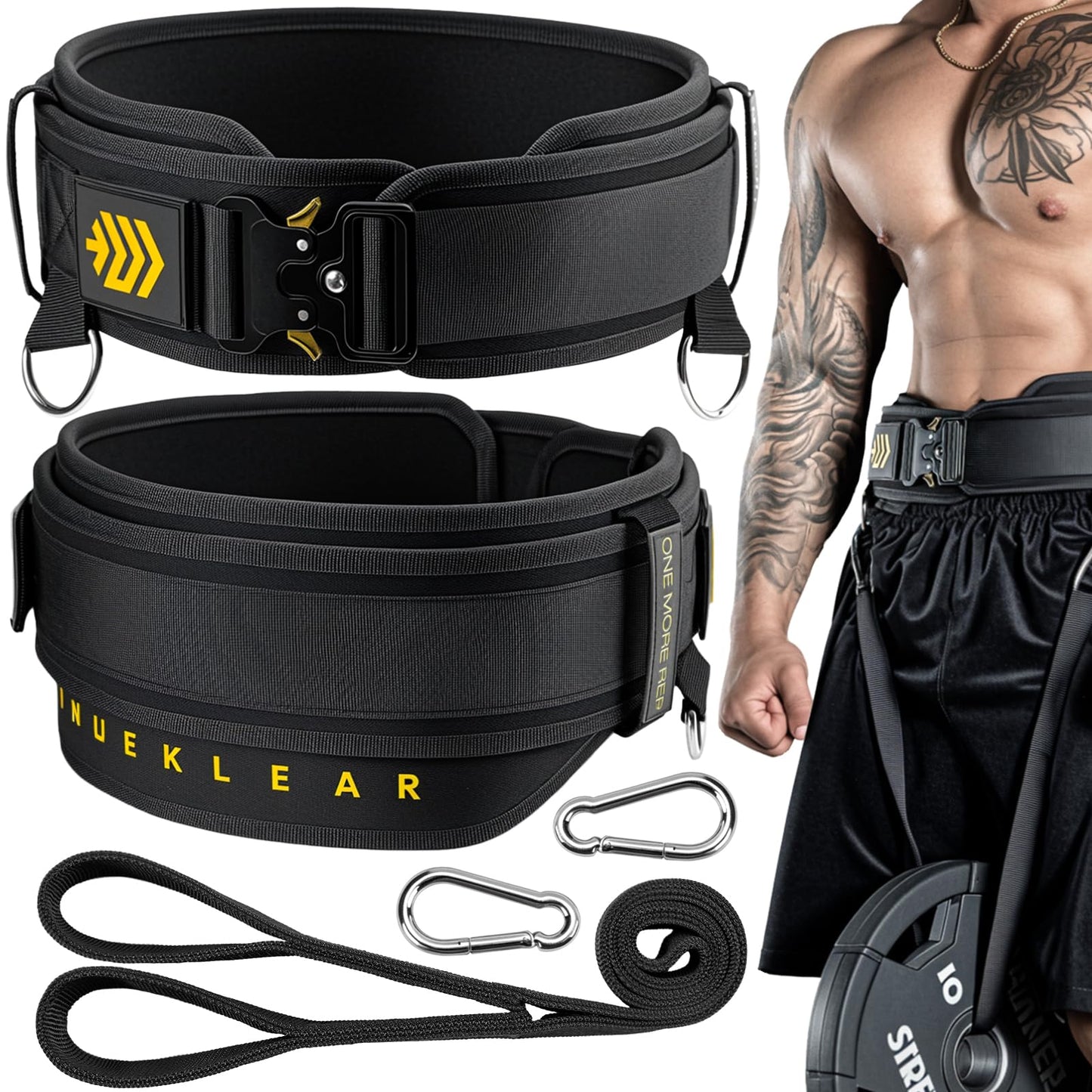 MANUEKLEAR 2-in-1 Weightlifting Belt & Dip Belt with 36.7 IN Rope, Double-Layer Weight Lifting Belts, Powerlifting Gym Weighted Belt for Pull Up Squat (Midnight Black, M(30-33in))