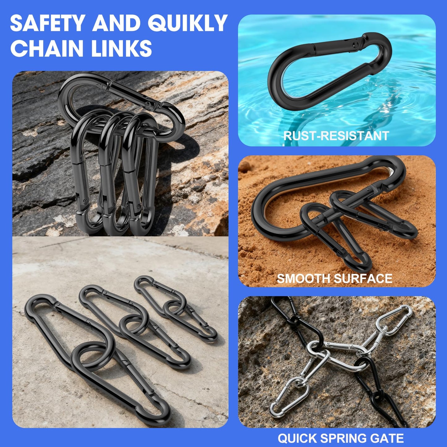 50Pack Carabiner Clips Heavy Duty, 3.2” Large Spring Snap Hooks Bulk, Galvanized Black Carabiners for Camping, Solid Spring Clips for Home Gym Hanging Hammocks Swing Hiking-500lbs Holding Capacity