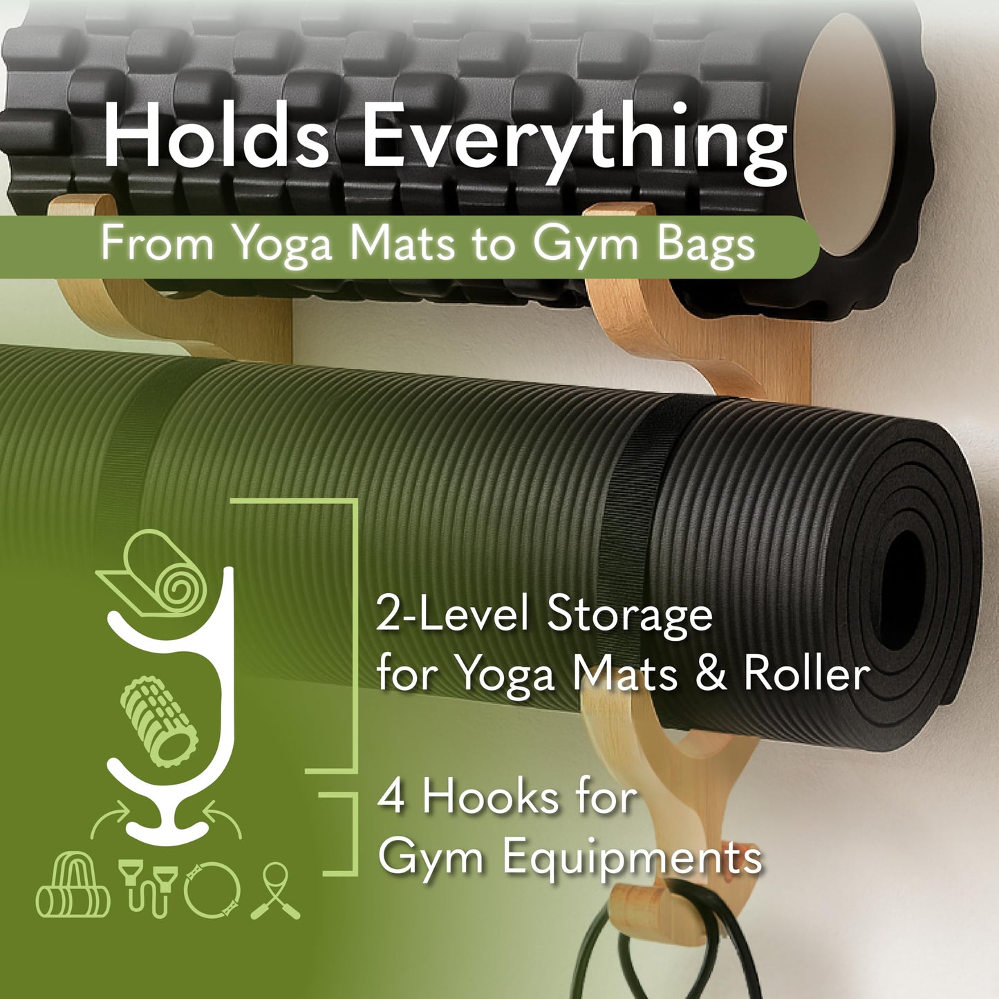 Tapeera Wooden Yoga Mat Holder Wall Mount - Yoga Mat Storage Rack - Home Gym Equipment Storage & Organizer - Resistance Band Wall Mount - Home Gym Accessories Wall Rack - Workout Storage Organizer