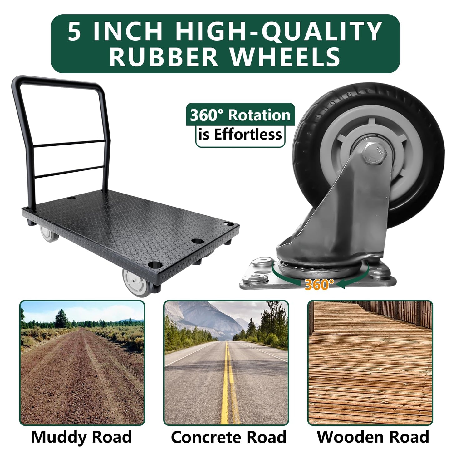 POHADR Panel Cart 2in1 Drywall Cart 38" x 24" Platform Truck 2500 lbs Capacity Flatbed Cart with 1Front and 3 Side Handrails& Swivel Casters