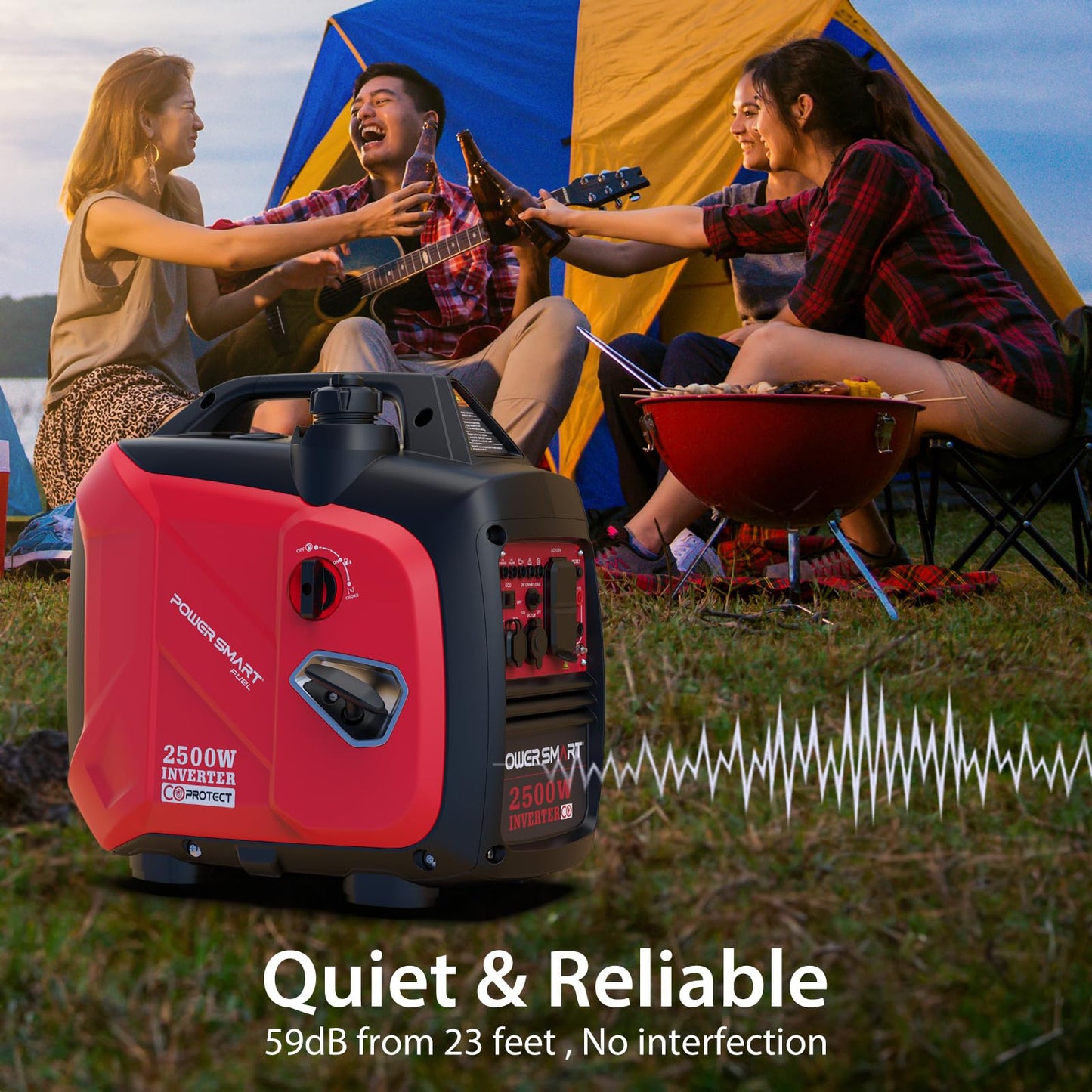 PowerSmart 2500W Gas Powered Portable Inverter Generator With CO Sensor- Super Quiet Generator for Home Use, Camping, Outdoor Use, Parallel Ready, EPA Compliant