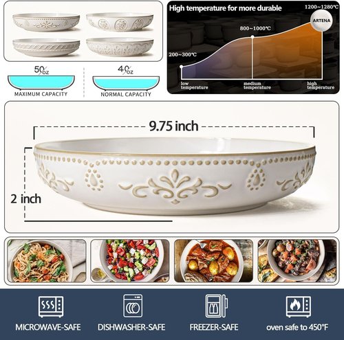 Artena Large Pasta Bowls Set of 4 - 50oz White Ceramic Salad & Soup Bowls | Microwave & Dishwasher Safe