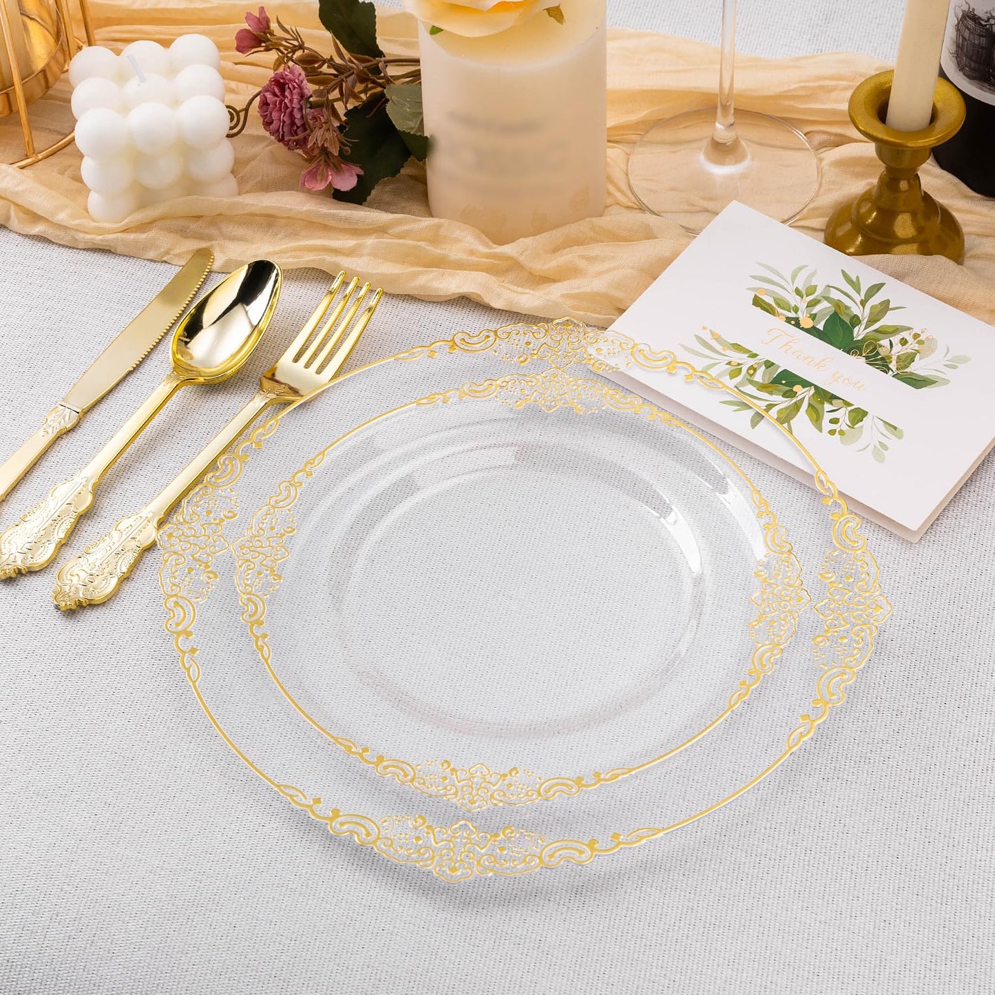 Bestluck 100 PCS Clear and Gold Plastic Plates for 50 Guests, Clear Disposable Plates Include 50 PCS Dinner Plates, 50 PCS Dessert Plates for Party, Wedding
