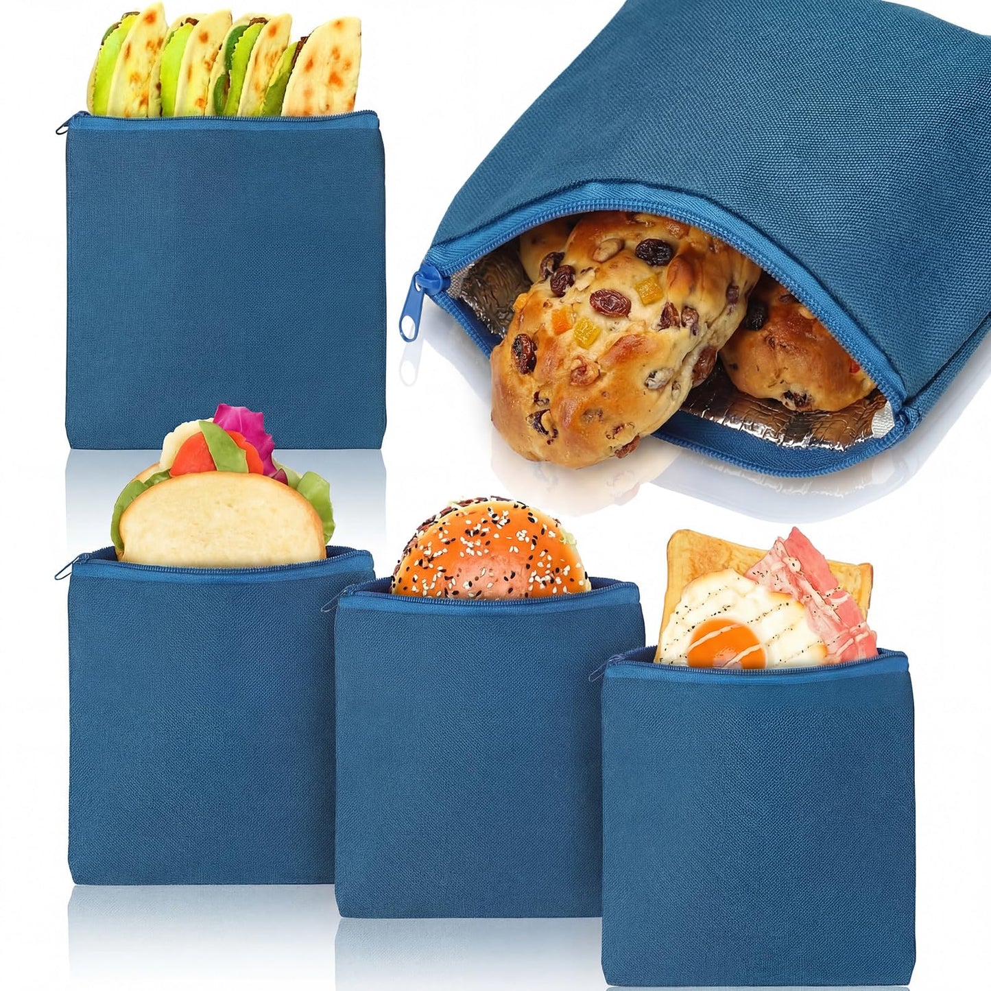 Reallnaive 4 Pack Insulated Sandwich Bags Reusable Lunch Bags Snack Bag Bpa Free Food Pouch Washable for Picnic Travel Office Men Women 8 x 8 Inch(Blue)