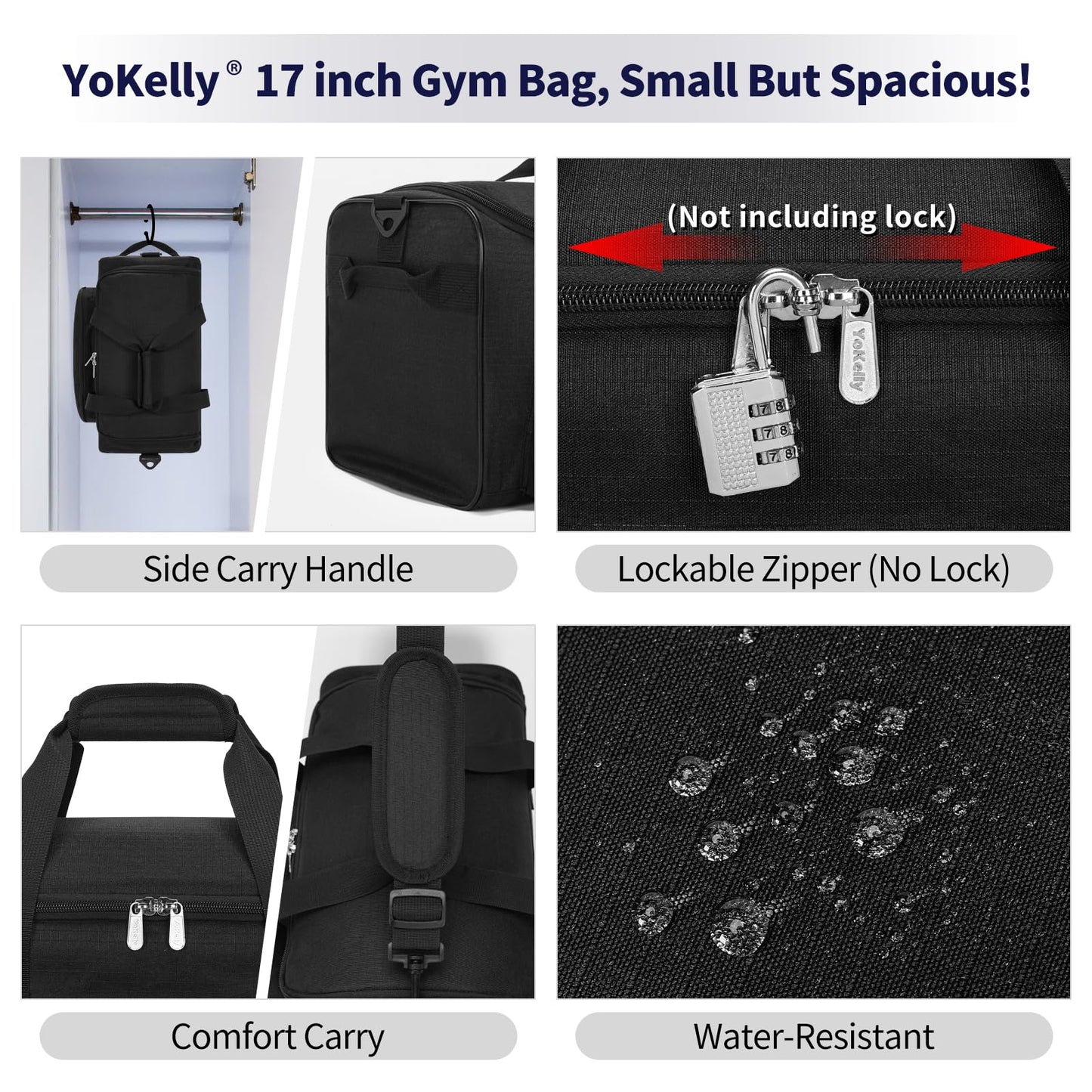 YoKelly 25L Small Gym Sport Duffle Bag - 17 Inch Weekender Overnight Bag for Travel, Workout, Fitness - Black