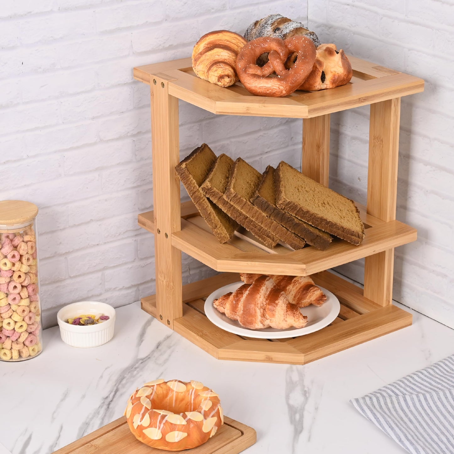 YUBAMIN Bamboo Kitchen Cabinet Organizer, 3 Tier Spice Rack Organizer for Cabinet, Space-Saving Spice Corner Shelf, Multi-Purpose Kitchen Counter Shelf for Spices, Plates, Fruits, Bread and Canned