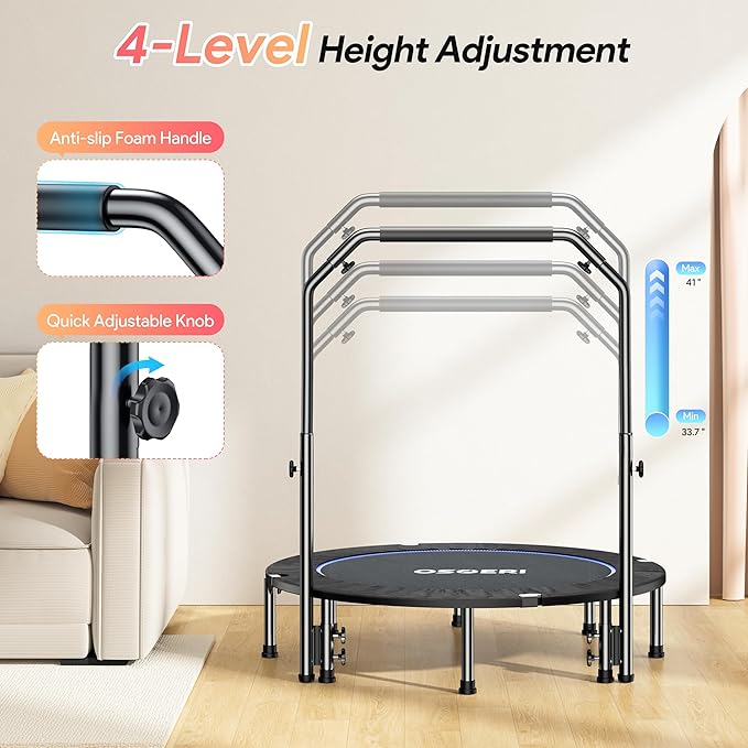 Osoeri 48" Rebounder Trampoline Foldable for Adults Max Load 450lbs, Mini Trampoline with Adjustable Foam Handle for Adults, Fitness Trampoline Indoor/Garden Workout