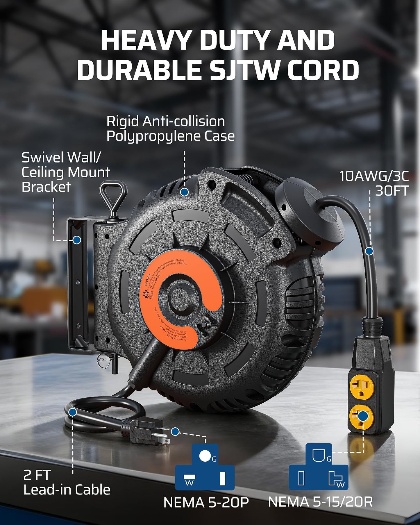 DEWENWILS 20Amp Retractable Extension Cord Reel, 30FT 2500W Heavy Duty Power Cord Reel, 10AWG/3C SJTW Industrial Cable, 4 Grounded Outlets, 180° Swivel Bracket for Garage Workshop Construction Site